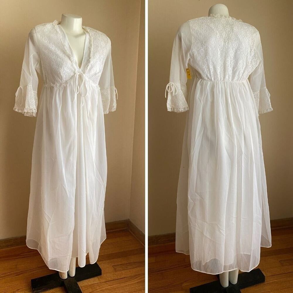 VTG 60s NOS White Long Nylon & Lace L Peignoir Nightgown Robe Lingerie Bridal 2p